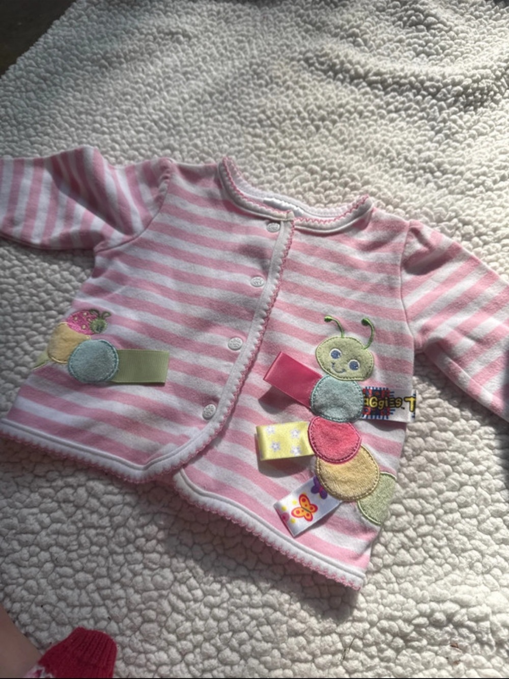 Pink Striped Baby Cardigan with Caterpillar Appliqué